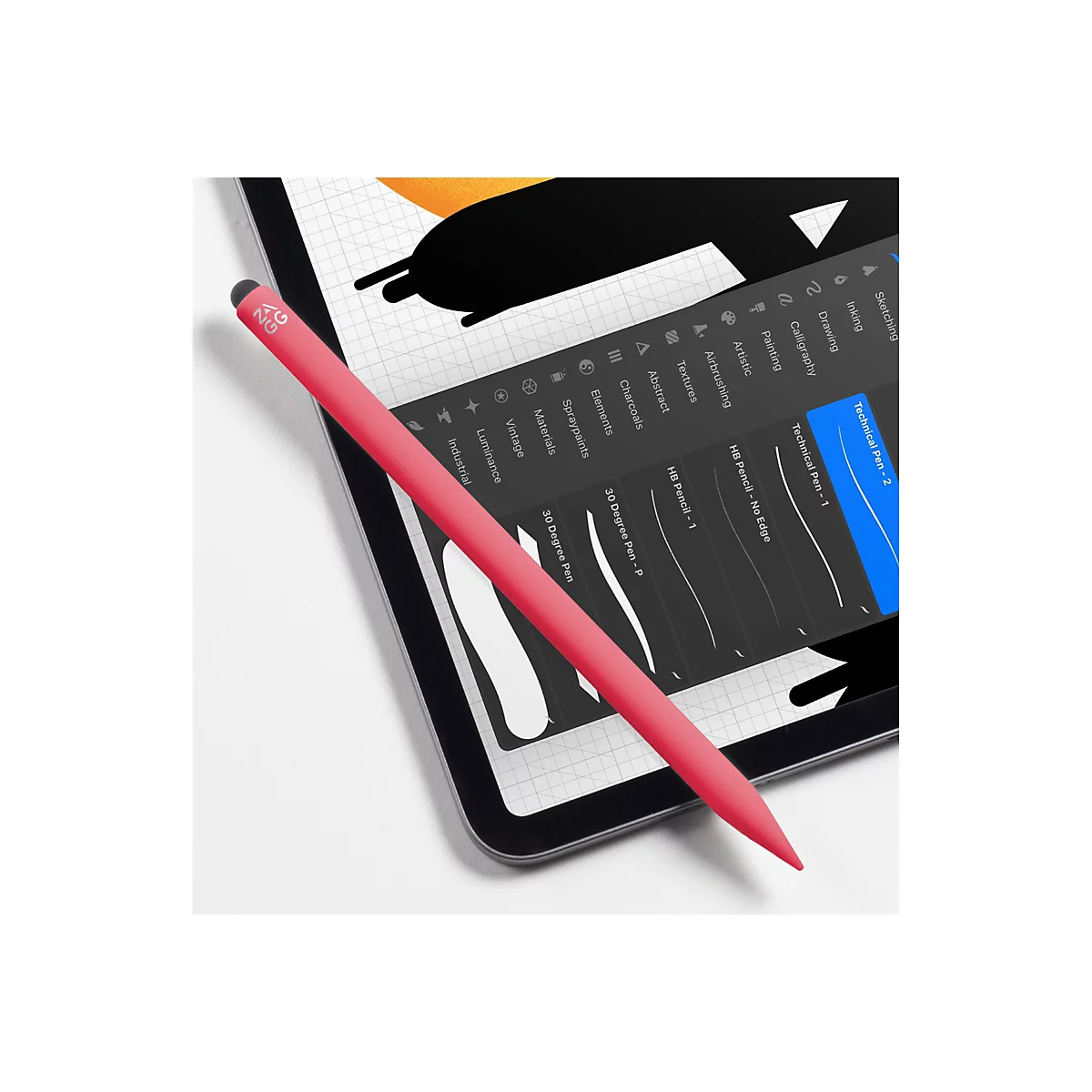 Ein roter Eingabestift liegt schräg auf einem Tablet. Das Tablet zeigt eine App mit Zeichenwerkzeugen. Im Bildhintergrund sind abstrakte Formen.