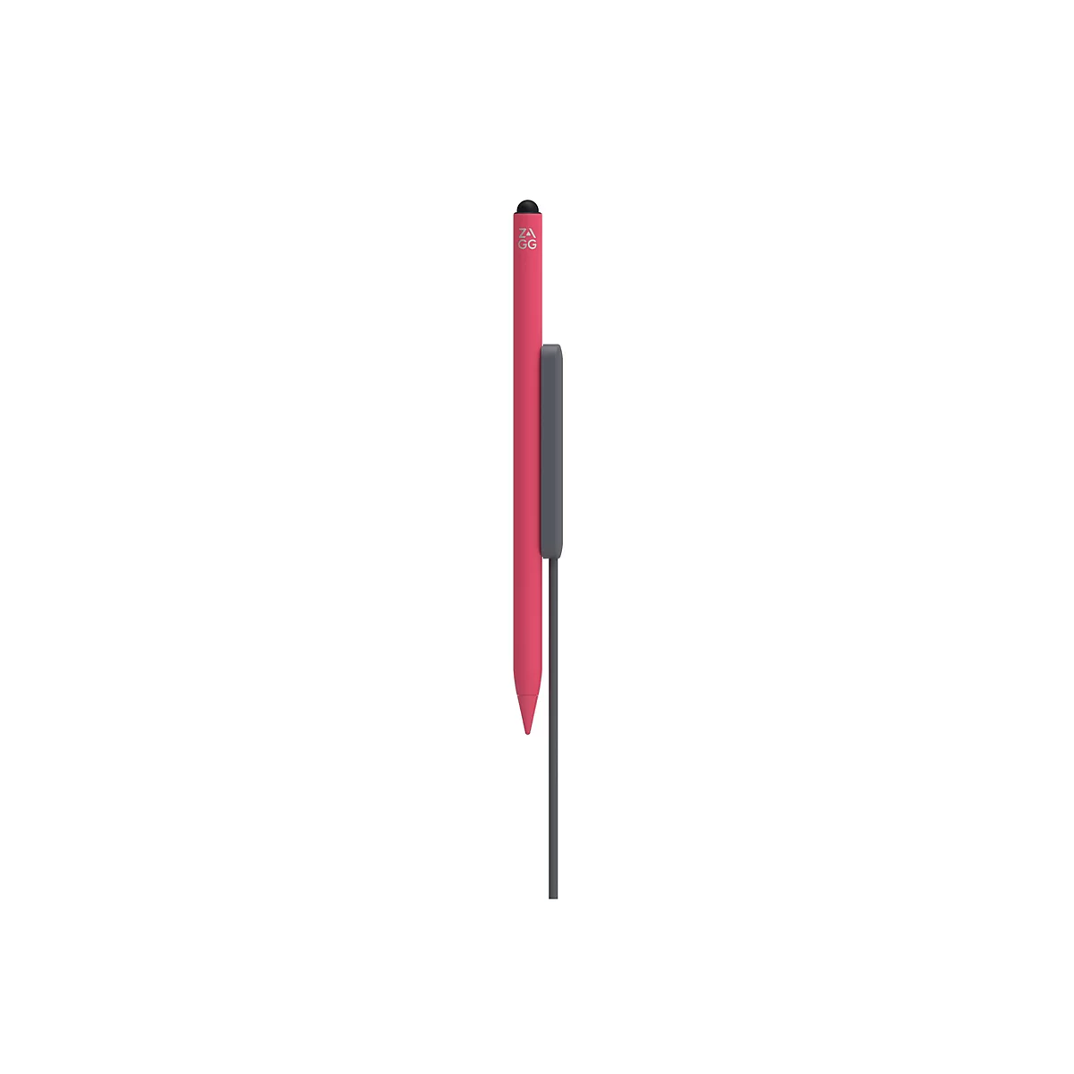 Ein roter Stift mit schwarzer Spitze und Halterung, der auf weißem Hintergrund steht.