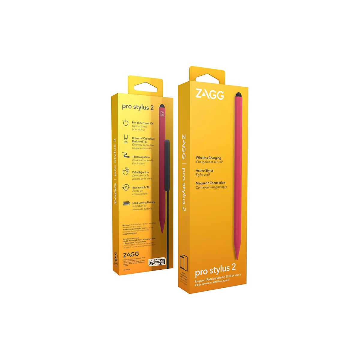Aufnahme von zwei gelben Verpackungen für einen pinkfarbenen ZAGG Pro Stylus 2. Beide Boxen zeigen den Stift und verschiedene Produktmerkmale.