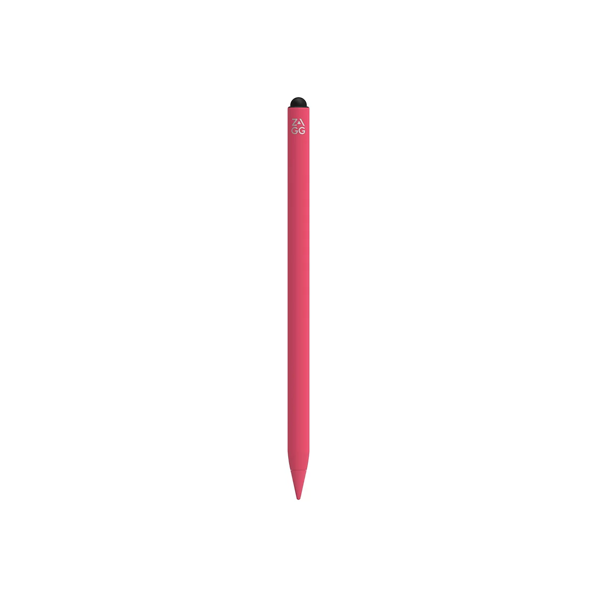 Ein pinkfarbener Stylus-Stift steht vor einem weißen Hintergrund. Auf dem Stift steht das Logo "ZAGG". Der Stift hat eine schwarze Spitze.