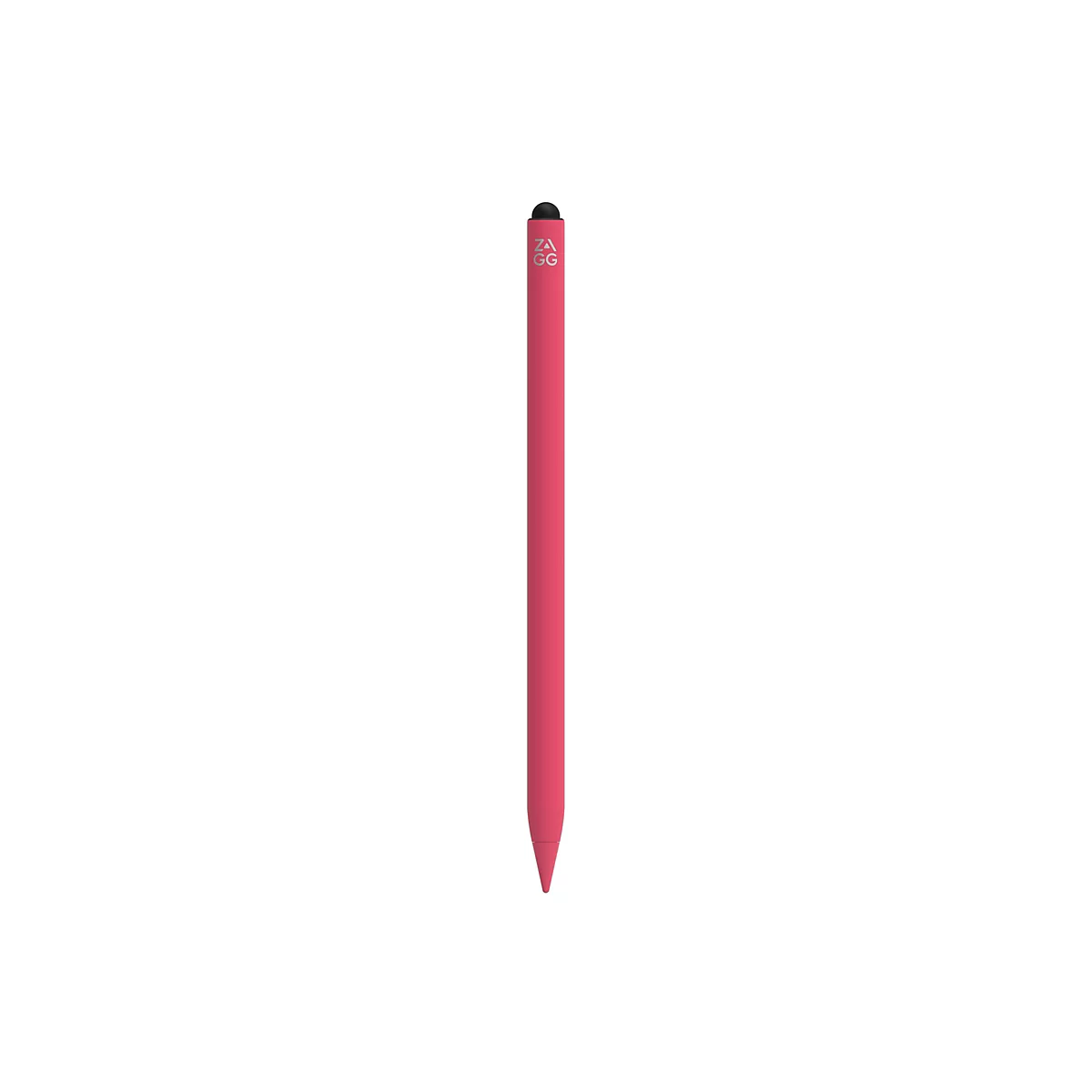 Ein roter Stylus-Stift auf weißem Hintergrund. Der Stift hat ein schwarzes Ende und eine Schrift auf dem Stift.