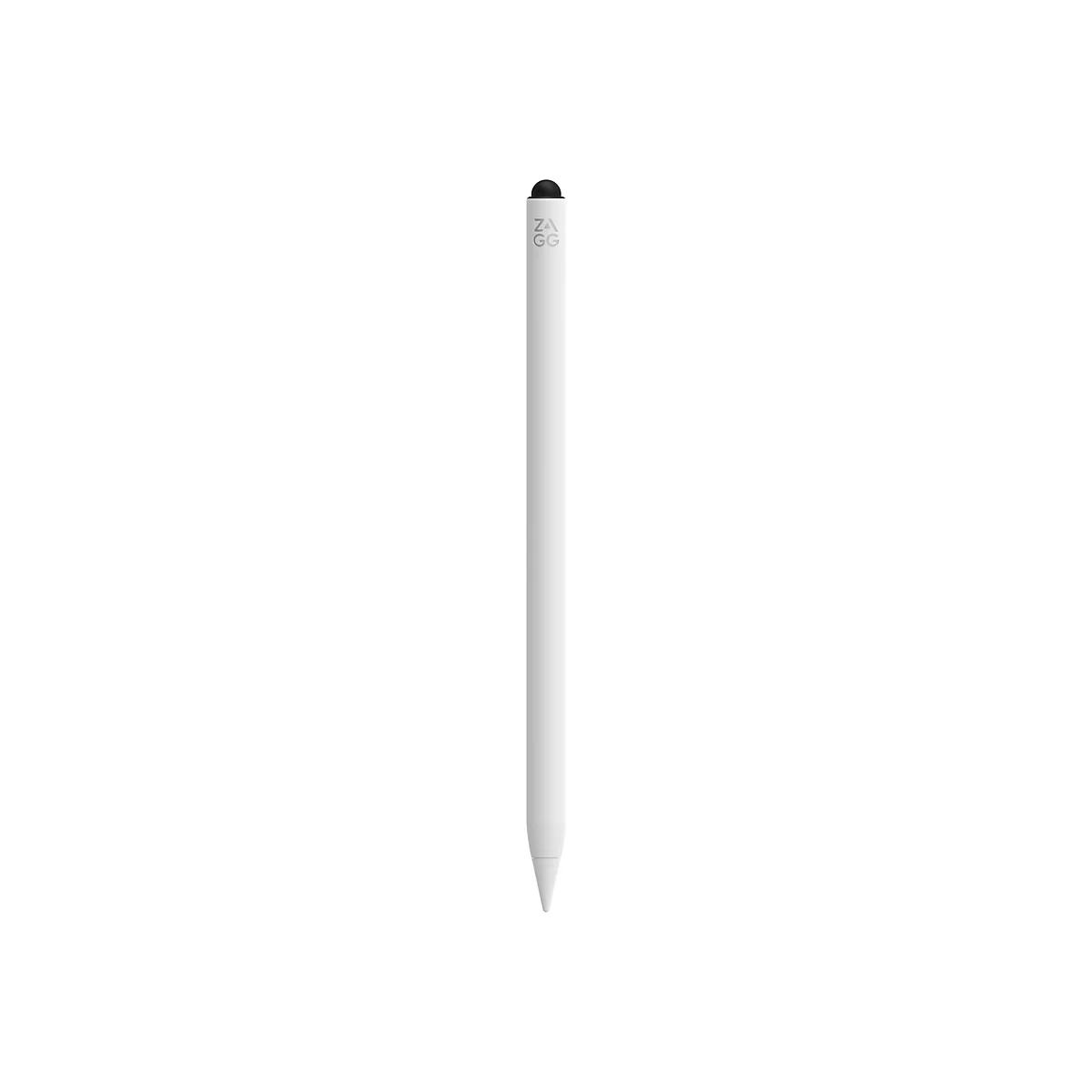 Un stylet blanc debout verticalement sur un fond blanc, avec une pointe noire et le mot 'ZAGG' en haut.