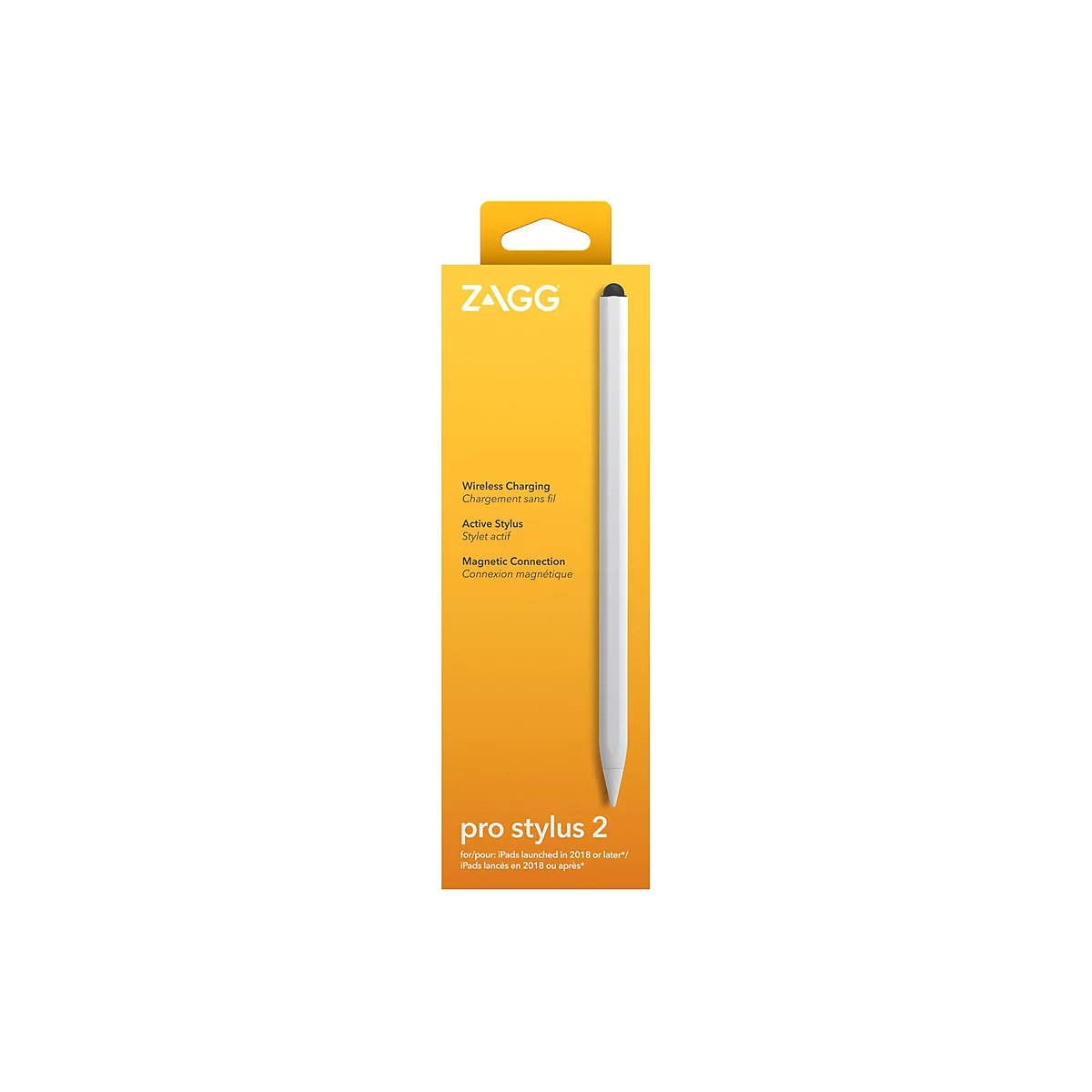 Support de stylet ZAGG pro stylus 2 blanc sur fond jaune. Texte : Wireless Charging, Active Stylus, Magnetic Connection.