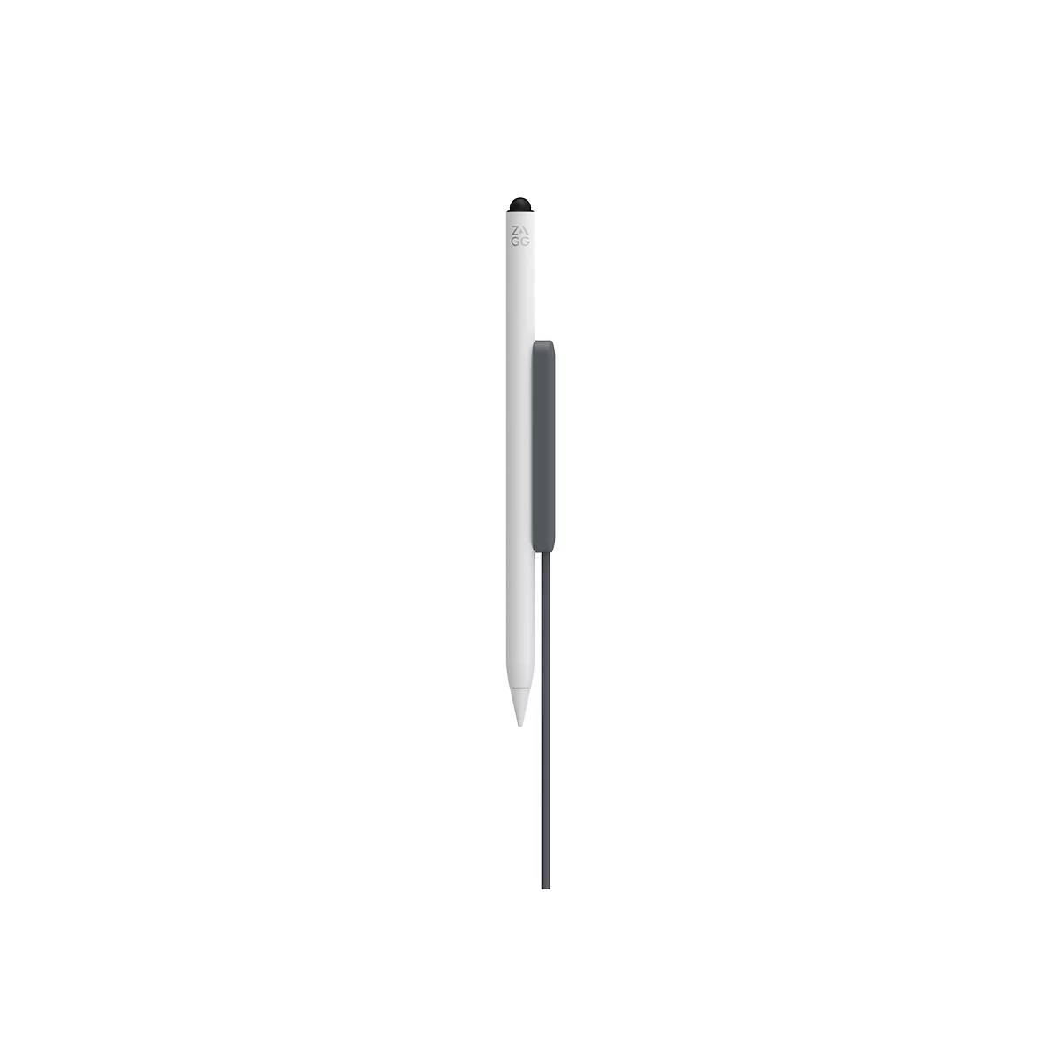 Un stylet blanc avec une extrémité noire et un support gris sur fond blanc. Le stylet porte l'inscription "ZAGG".