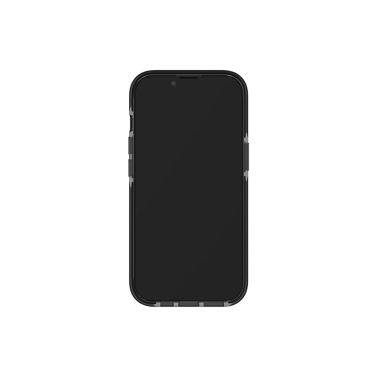 Smartphone, schwarzer Bildschirm mit transparentem Rahmen.