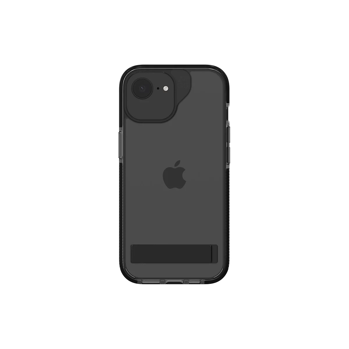 Ein schwarzes iPhone mit schwarzer Hülle, Kamerabereich und Standfuß. Apfel-Logo.