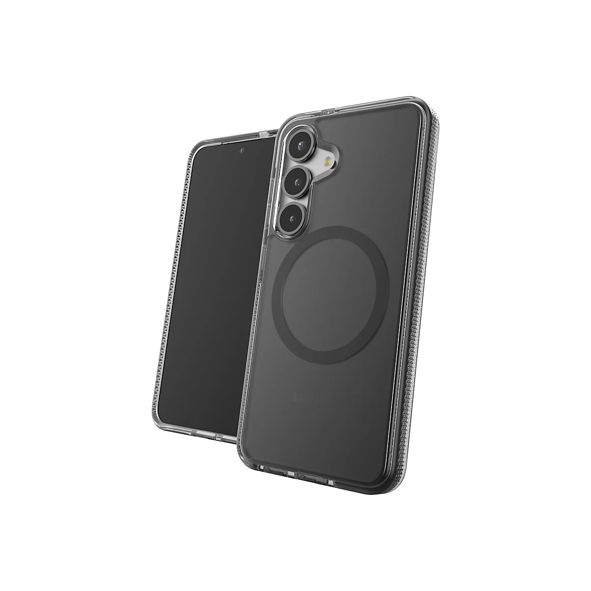 Ein Handy mit durchsichtiger Hülle, im Hintergrund. Die Hülle hat einen Magneten und einen verstärkten Rand. Samsung ist auf der Hülle aufgedruckt.