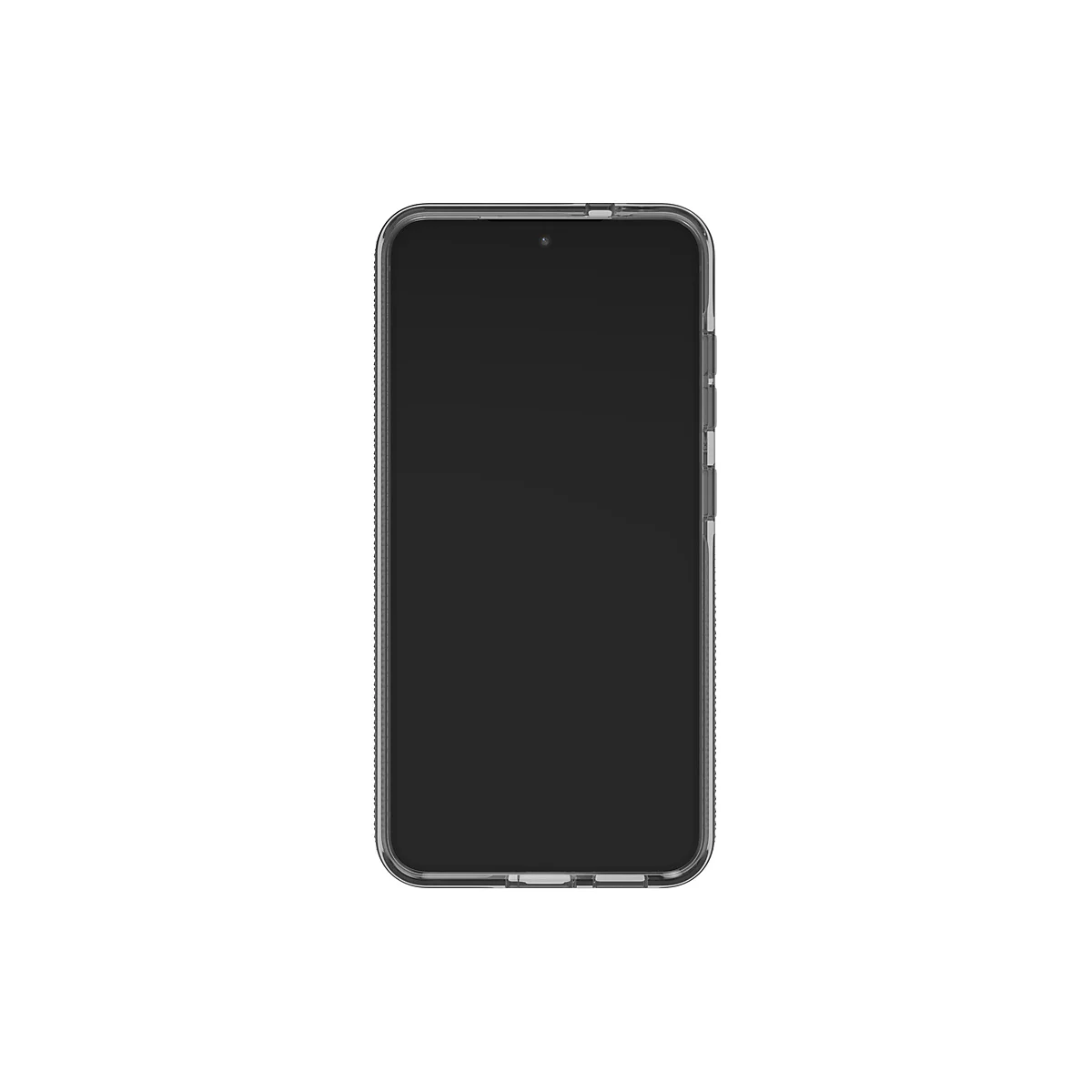 Smartphone in einer durchsichtigen Schutzhülle, auf weißem Hintergrund.