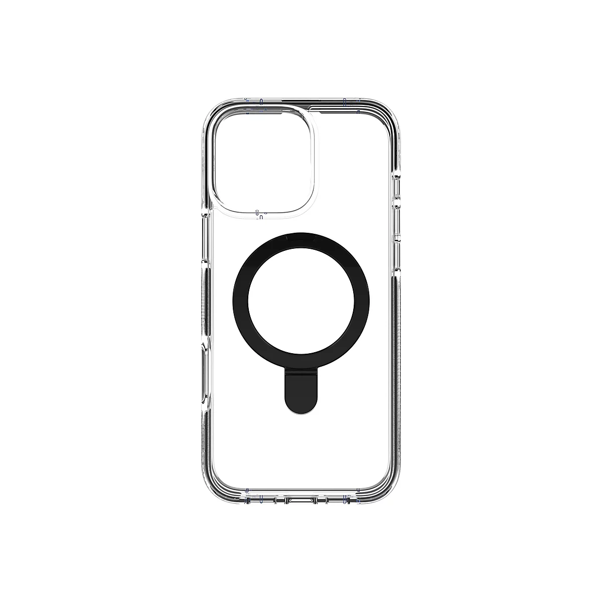 Coque de téléphone transparente avec un aimant rond noir, sur fond blanc.