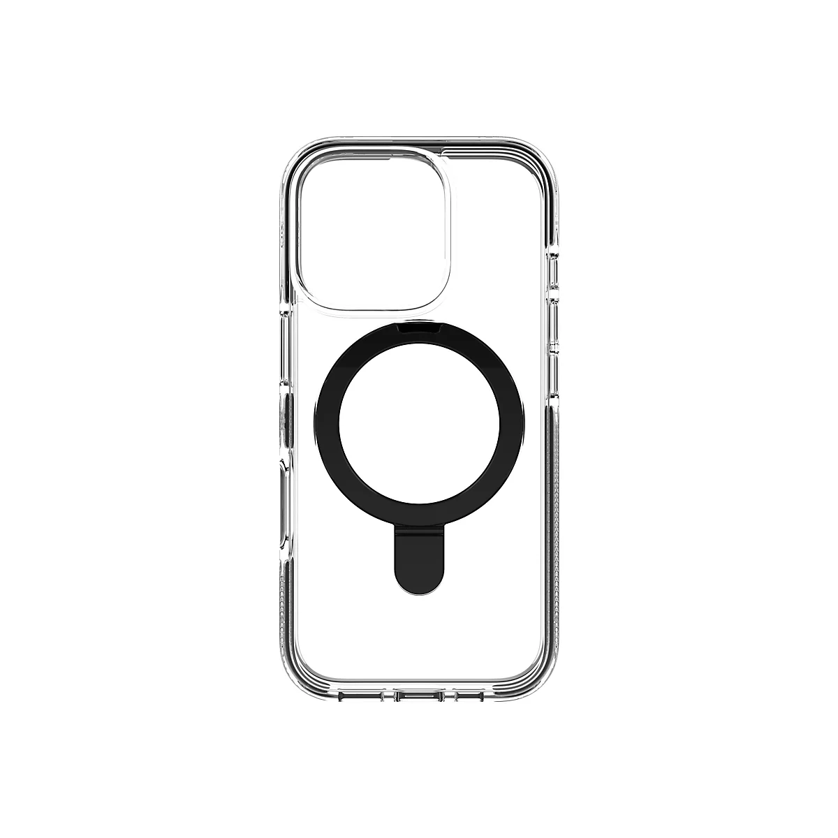 Coque de téléphone transparente avec fonction MagSafe, anneau et support noirs.