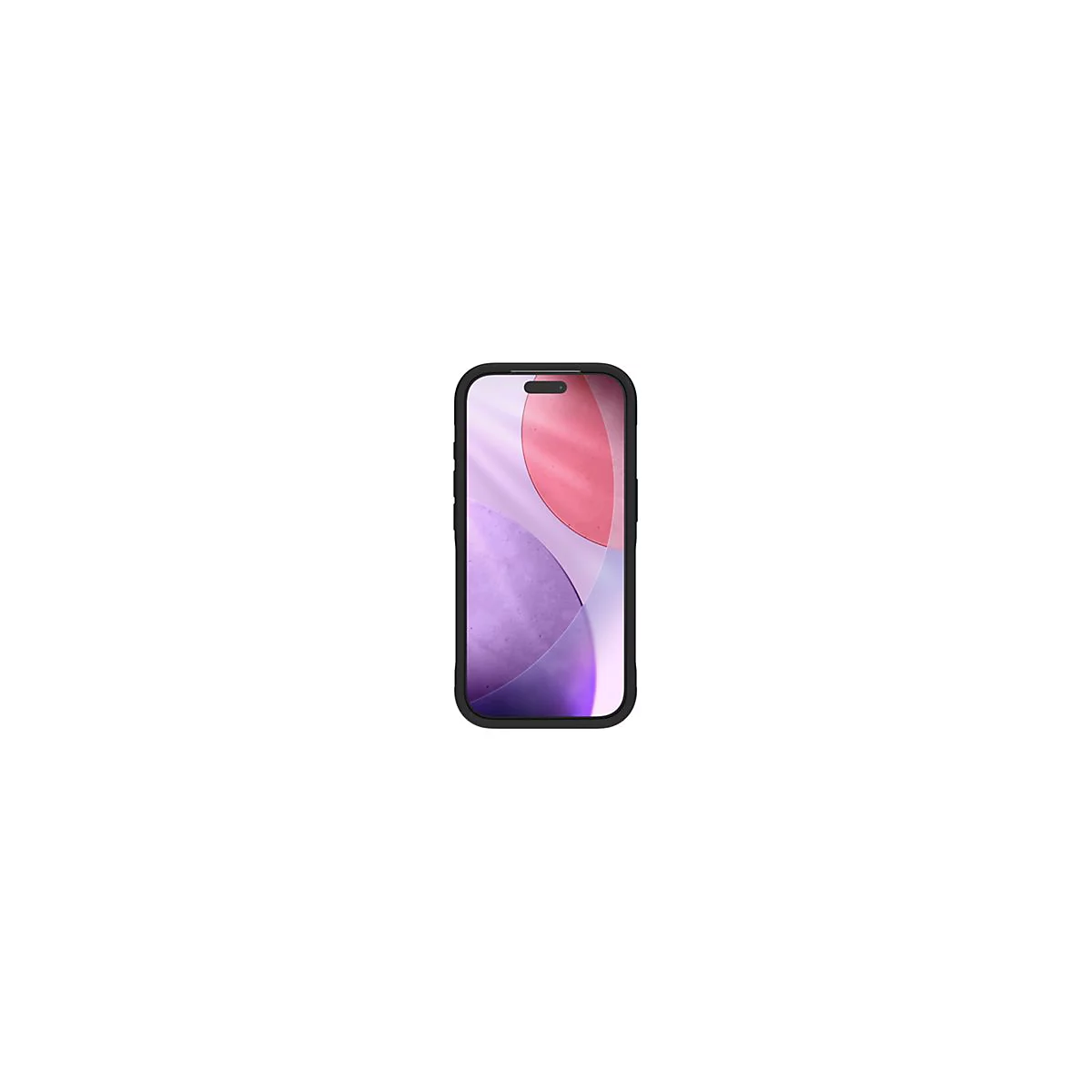 Smartphone noir avec coque de protection sur fond blanc. Sur l'écran : formes violettes et roses.