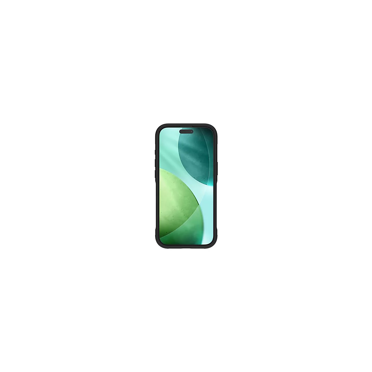 Smartphone noir avec coque de protection. L'écran affiche des tons verts et bleus. Sur fond blanc.