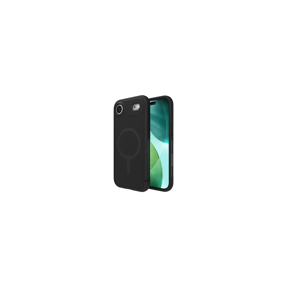 Coque de téléphone noire avec découpe pour appareil photo et symbole MagSafe. À côté, un iPhone.
