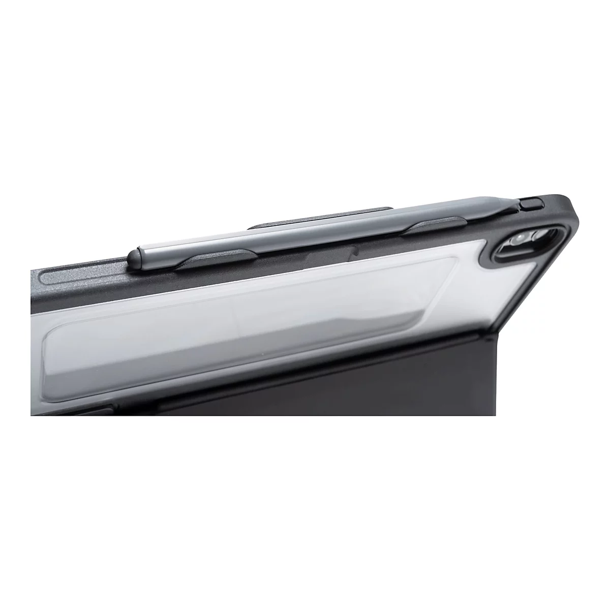 Gros plan d'un étui de tablette noir avec un stylo gris. Le stylo est fixé sur le bord supérieur.