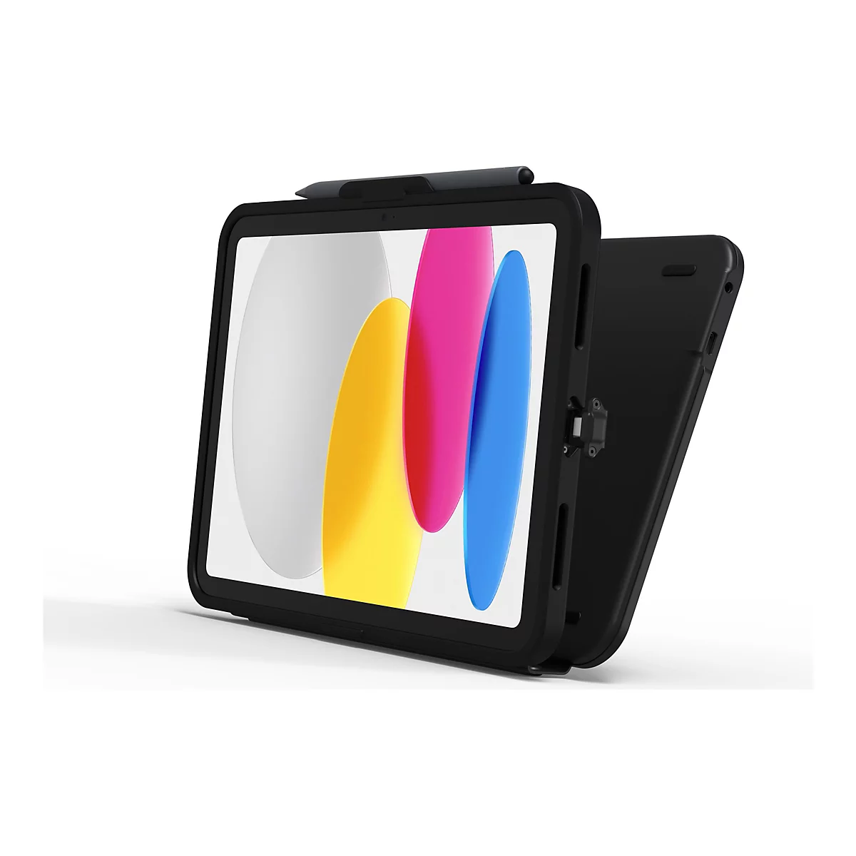 Schwarzes iPad mit Schutzhülle und Stift. Auf dem Bildschirm bunte, abstrakte Formen. Der Hintergrund ist weiß.