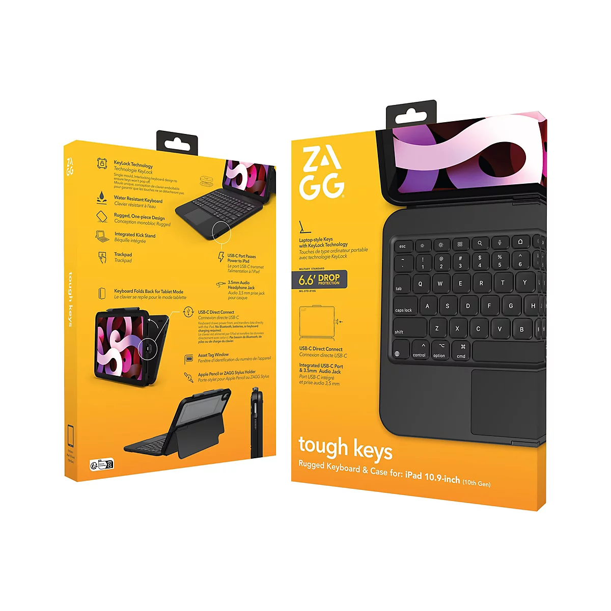 Schwarze Tastatur-Hülle für ein iPad, abgebildet auf einem weißen Hintergrund. Die Hülle hat eine Tastatur mit Trackpad und einen Stifthalter.