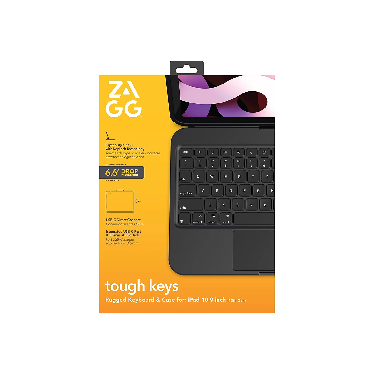 Schwarze Tastatur für ein iPad, mit Logo und Produktbezeichnung.