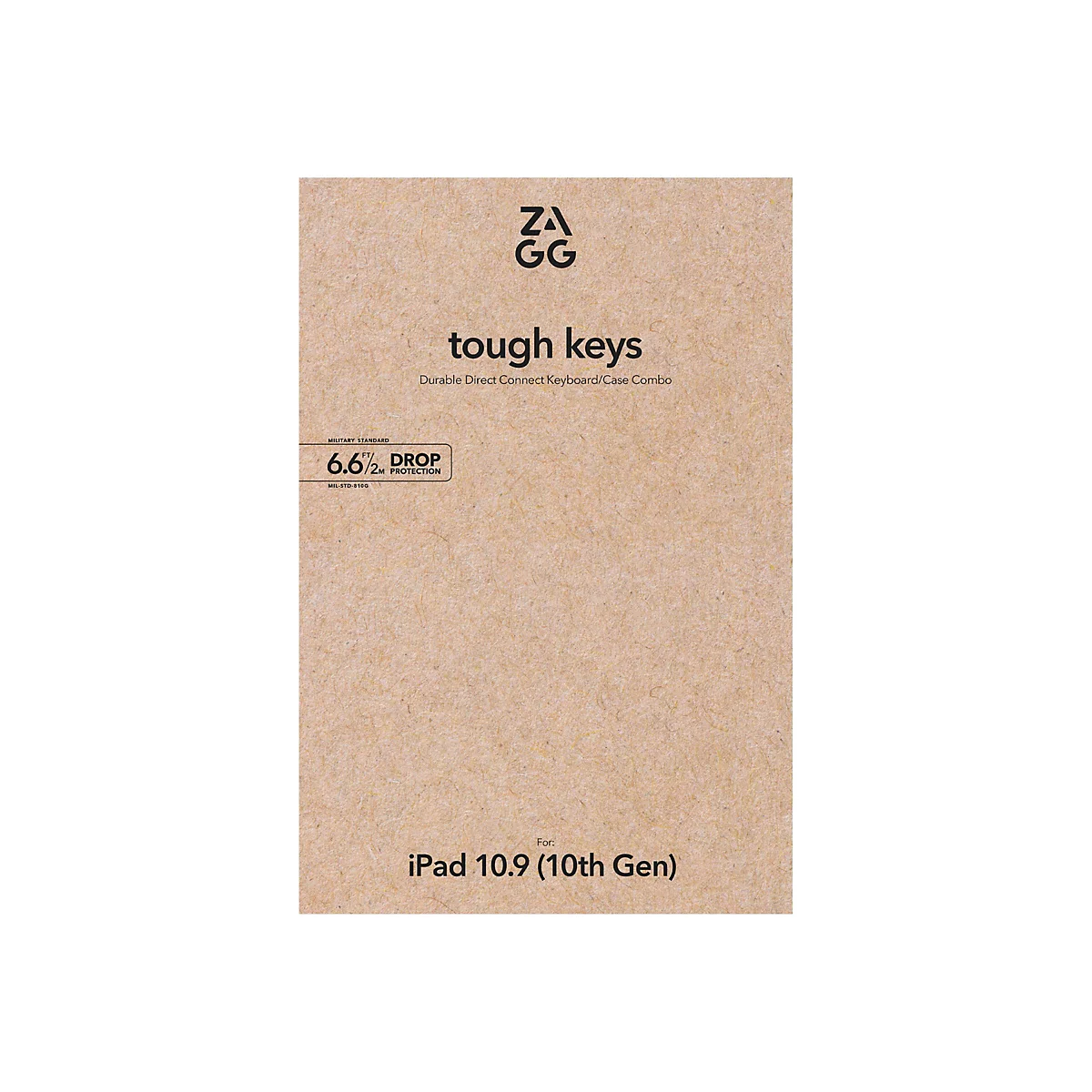 Produktverpackung der Tough Keys Tastatur-Hülle für das iPad 10.9 der 10. Generation. Auf braunem Hintergrund Text in schwarz.