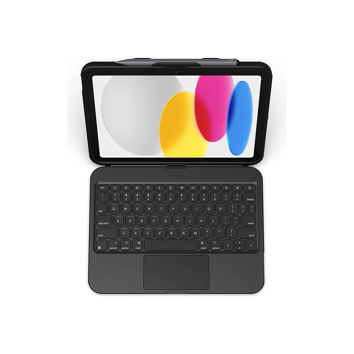 Draufsicht auf ein schwarzes Tablet mit einem Tastatur-Case. Auf dem Display sind farbige Formen zu sehen. Ein Stift liegt am oberen Rand.
