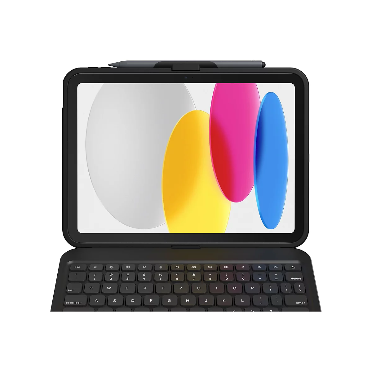 Ein Tablet mit schwarzem Gehäuse, einer abnehmbaren Tastatur und einem Stift, der an der Oberseite befestigt ist. Auf dem Bildschirm befinden sich bunte Formen.