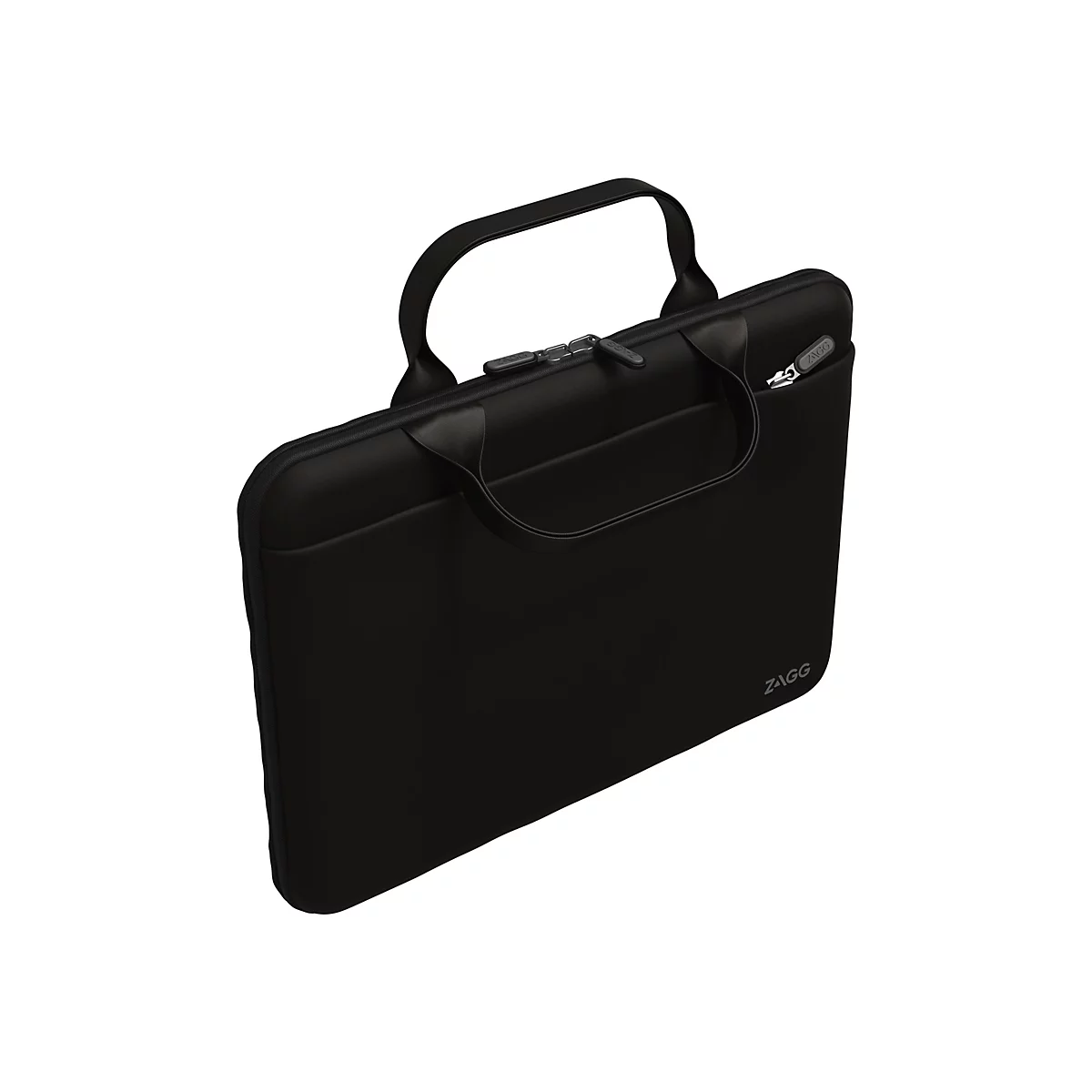 Eine schwarze Laptoptasche mit Griff und Reißverschluss. Auf der Tasche sind die Logos von ZAGG zu sehen.