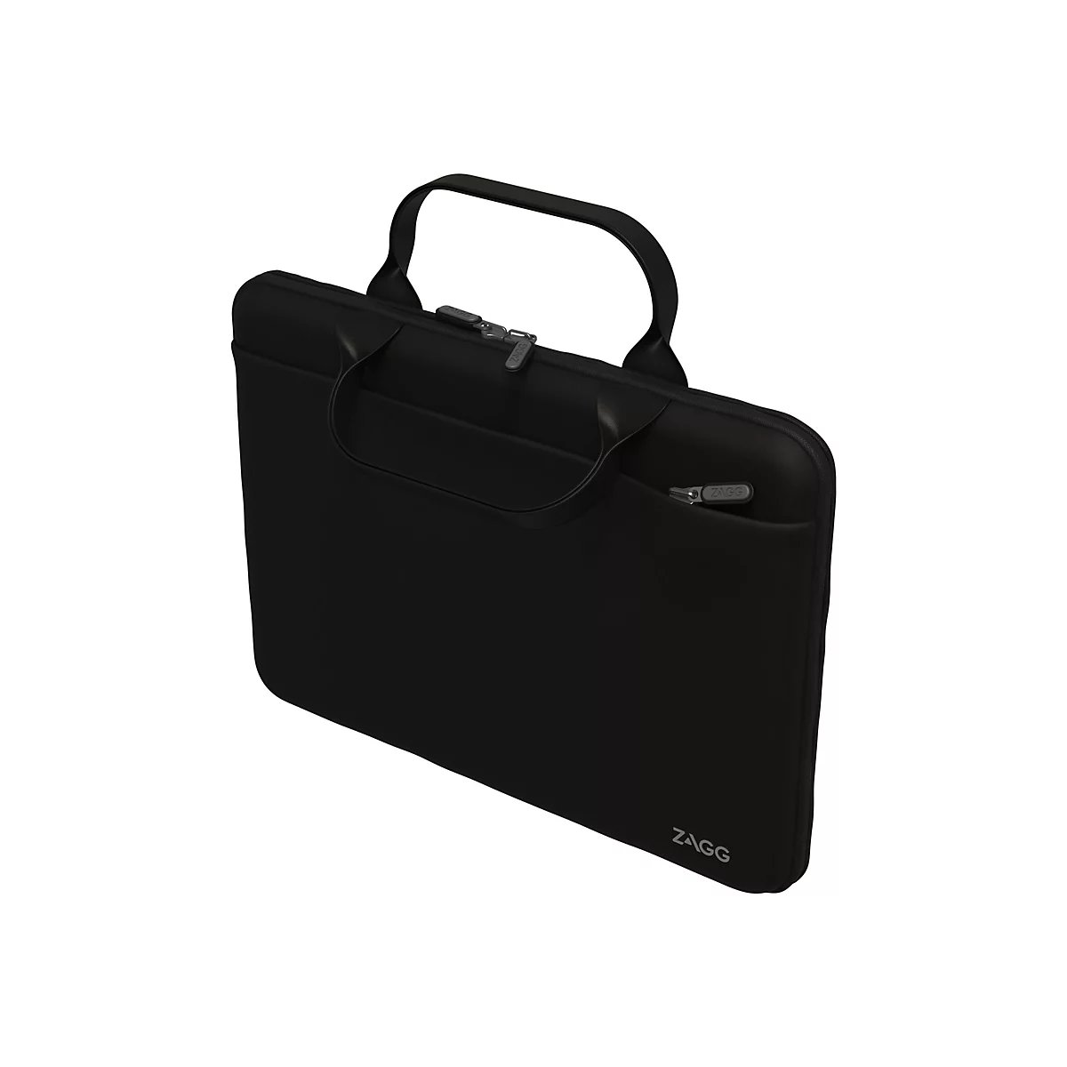 Schwarze Laptoptasche mit Griff und Reißverschluss. ZAGG-Logo auf Tasche und Reißverschluss.