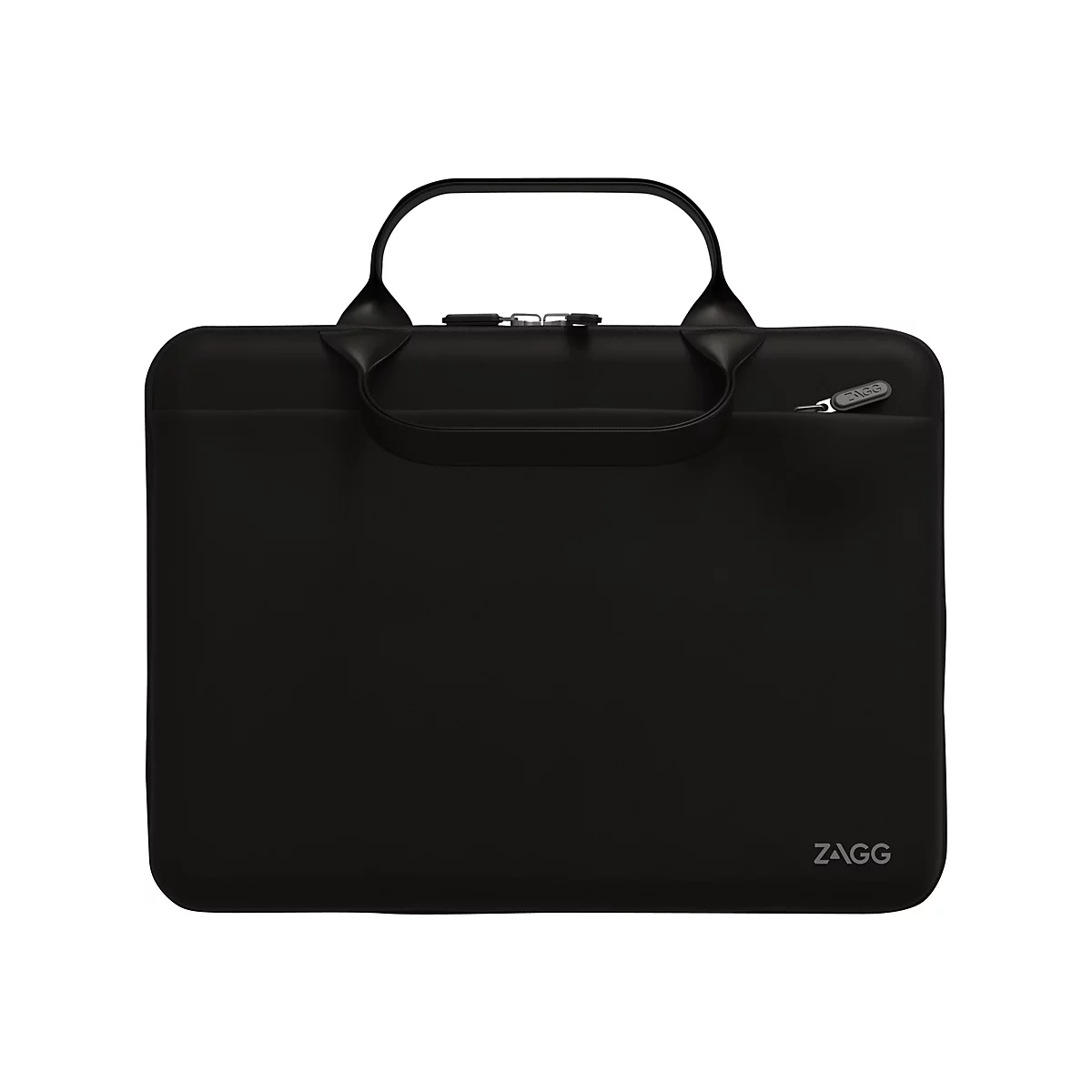 Schwarze Laptoptasche mit Tragegriff und Reißverschluss. Die Marke ZAGG ist sichtbar.