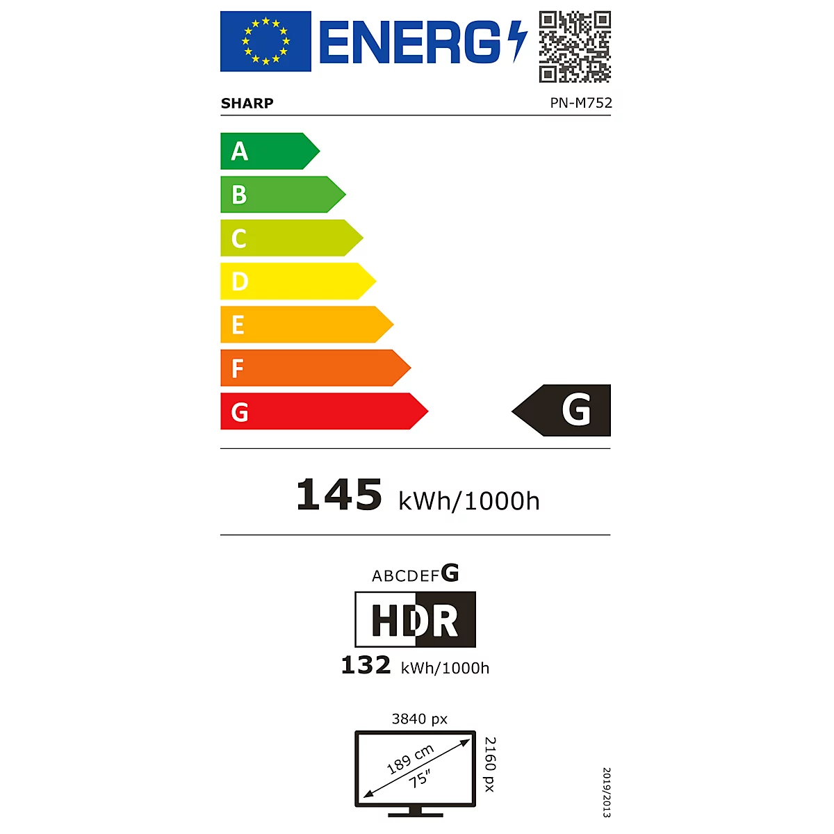 Energielabel van een tv. Energie-efficiëntieklasse G, 145 kWh/1000h. HDR, 132 kWh/1000h. Schermdiagonaal: 75 inch (189 cm).