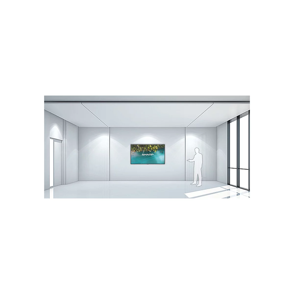In een minimalistische kamer met een scherm wijst een persoon naar het scherm met het woord SHARP.