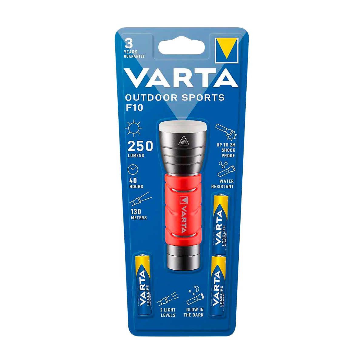 Zaklamp VARTA Buitensport F10, 250 lm, tot 130 m, tot 40 uur, IPX4, 2 lichtstanden, verduisterend, incl. batterijen, Ø 40 x L 122 mm, rood-zwart