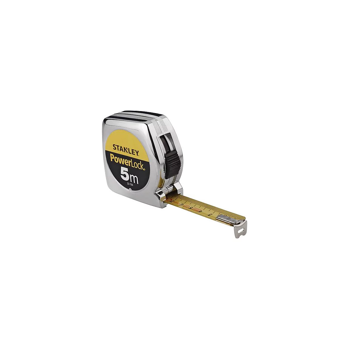 Een verchroomde Stanley PowerLock meetlint, gedeeltelijk uitgetrokken. Op de wijzerplaat staat "5m."