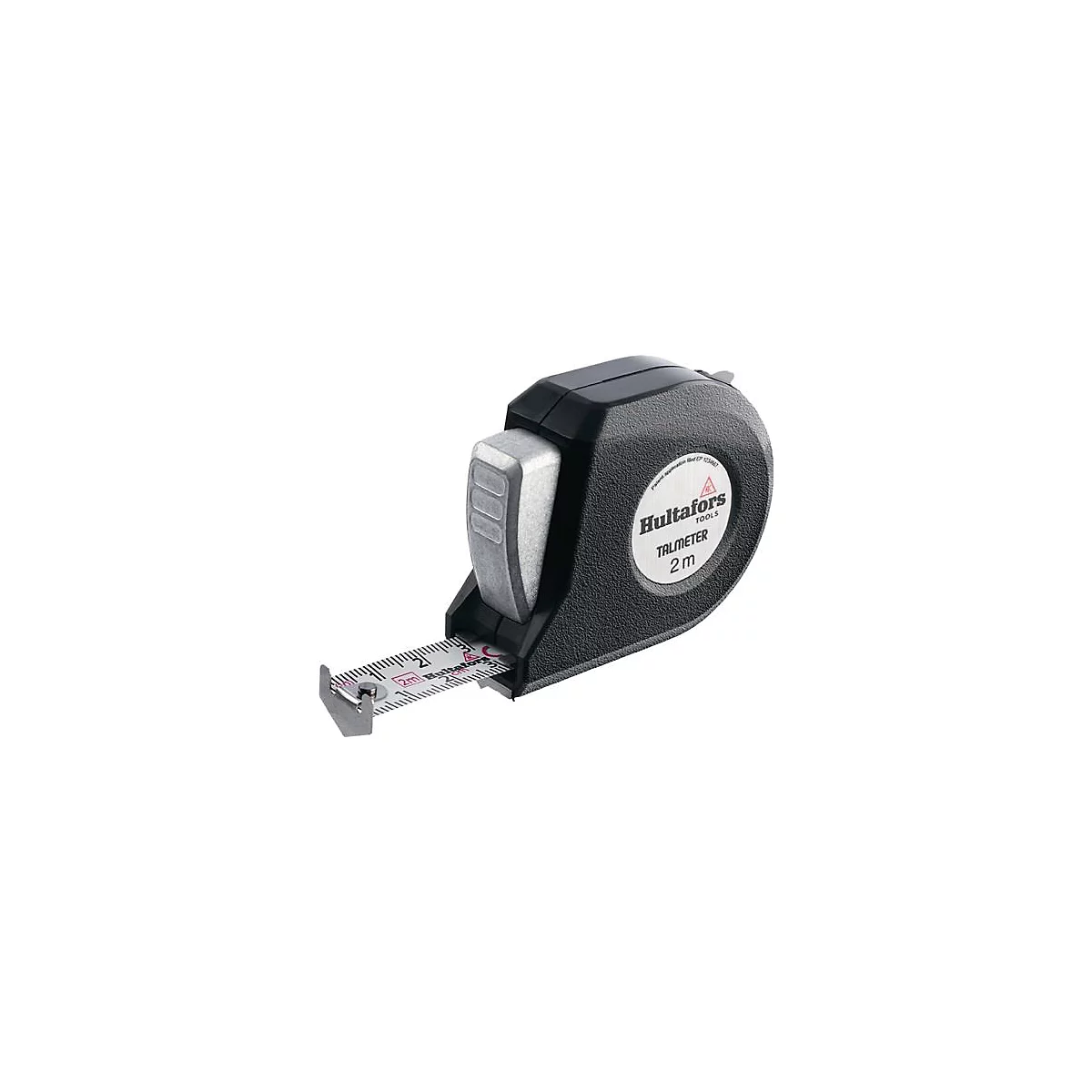 Zwart meetlint met het meetlint gedeeltelijk uitgetrokken. De zijkant leest "Hultafors TOOLS TALMETER 2m".