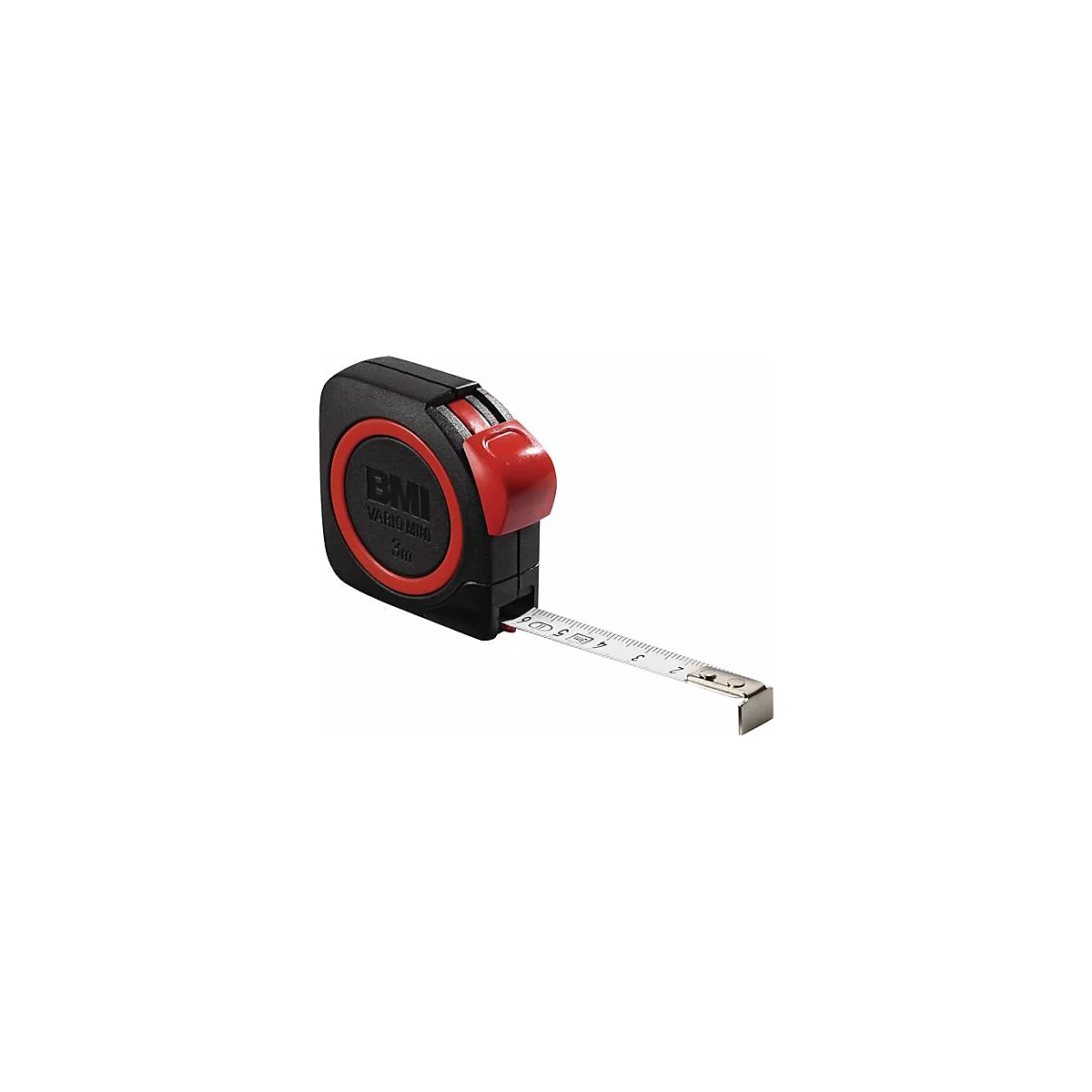 Zwart meetlint met rode knop en rode rand. De uitgeschoven witte meetschaal toont cijfers.