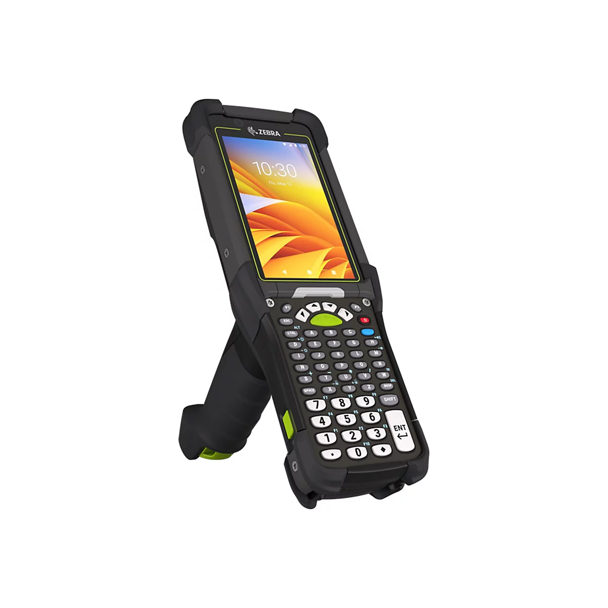 Ein Zebra Handheld-Terminal, schwarz mit grünem Akzent. Auf dem Display ist die Uhrzeit 10:30 und das Datum 12. Mai zu sehen.
