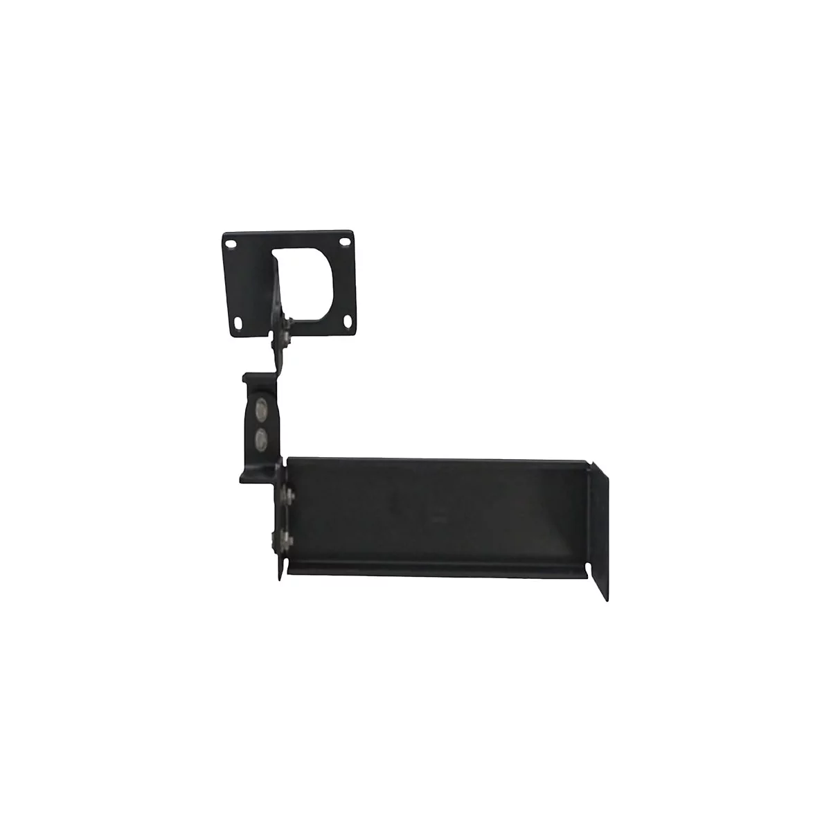 Schwarze Metallkonstruktion mit rechteckigen und eckigen Teilen, die mit Schrauben verbunden sind. Der Hintergrund ist weiß.