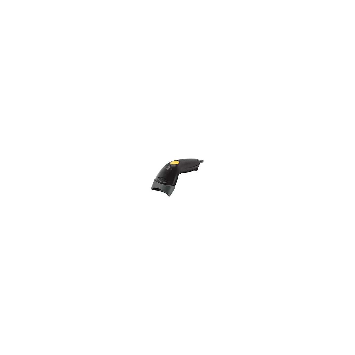 Scanner de codes-barres noir avec bouton jaune et poignée grise, posé sur fond blanc.