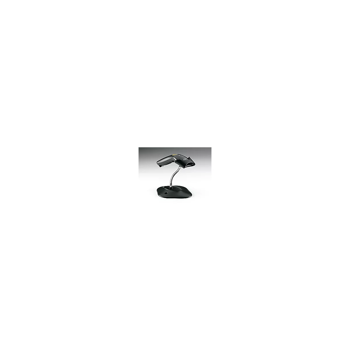Scanner de codes-barres noir sur support argenté ondulé, base noire, fond gris.