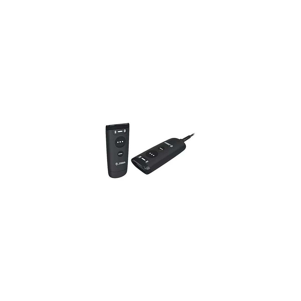 Deux scanners Zebra noirs, un avec un câble, montrent des boutons, des logos, des indicateurs Bluetooth et de charge.