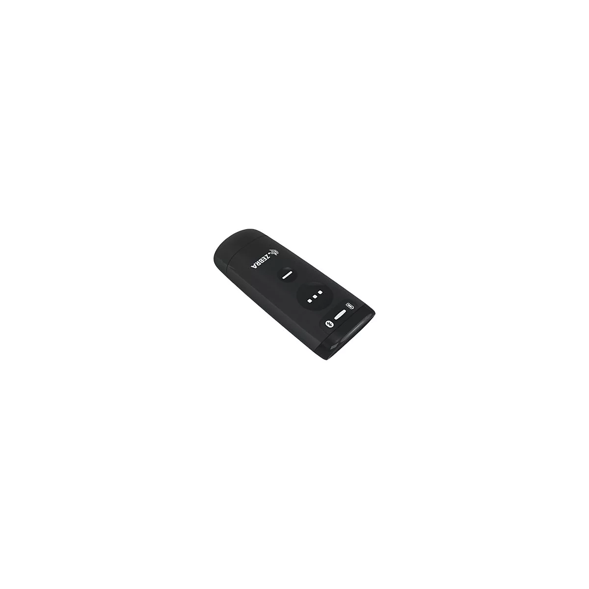 Un scanner de codes-barres Zebra noir. Il possède un bouton rond avec un tiret et trois points en dessous.