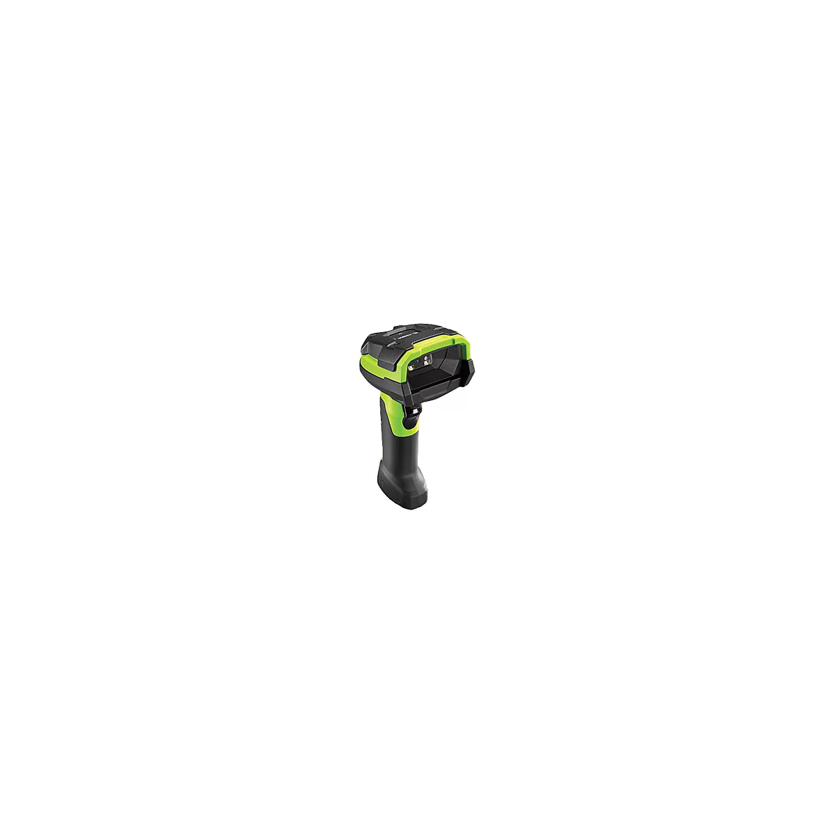 Scanner de codes-barres portable, noir et vert. L'appareil est doté d'une poignée, d'une tête de scanner et d'un logo Zebra.
