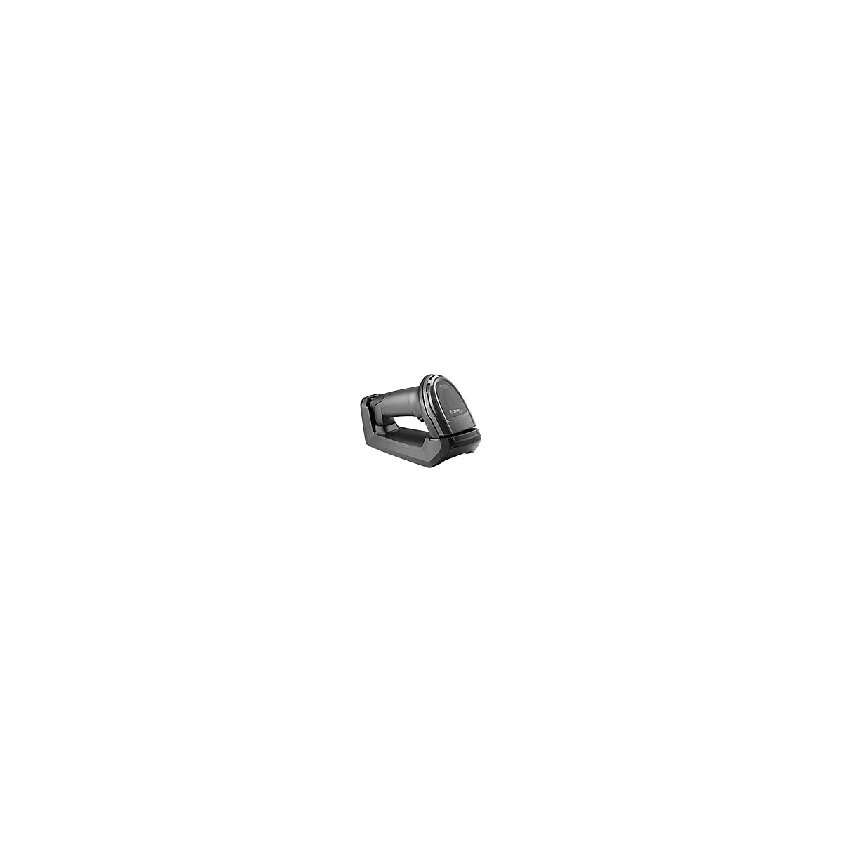 Scanner de codes-barres noir sur socle de chargement. Le logo Zebra est visible sur le scanner.