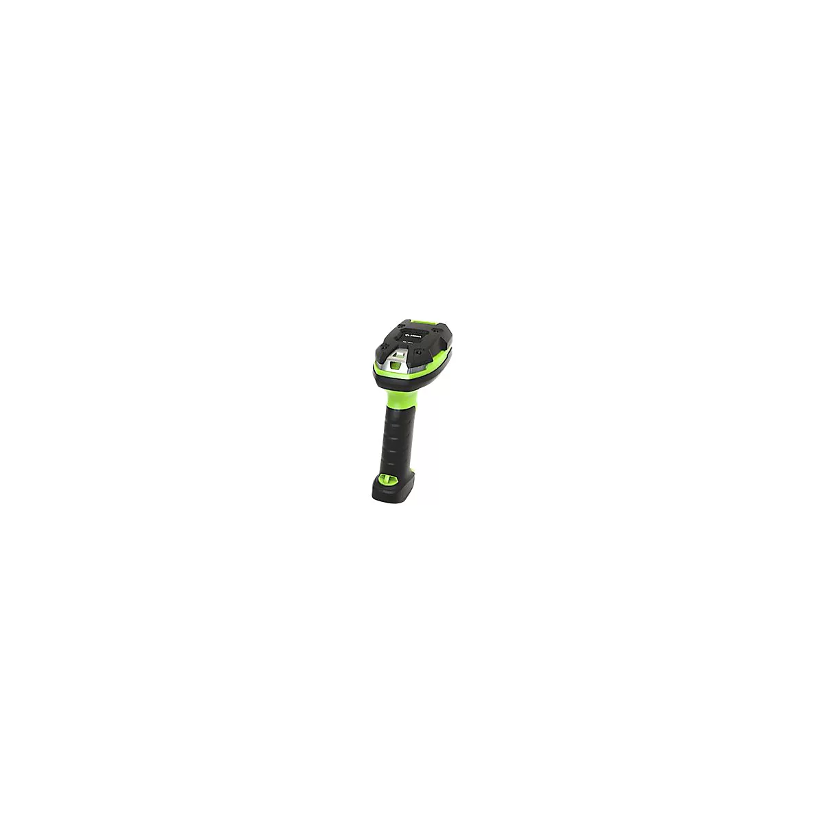 Scanner de codes-barres portable, noir et vert, avec poignée ergonomique et logo de l'entreprise.