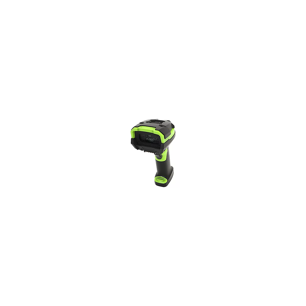 Scanner portable avec boîtier noir et accents vert néon. Le scanner pointe vers une surface blanche.