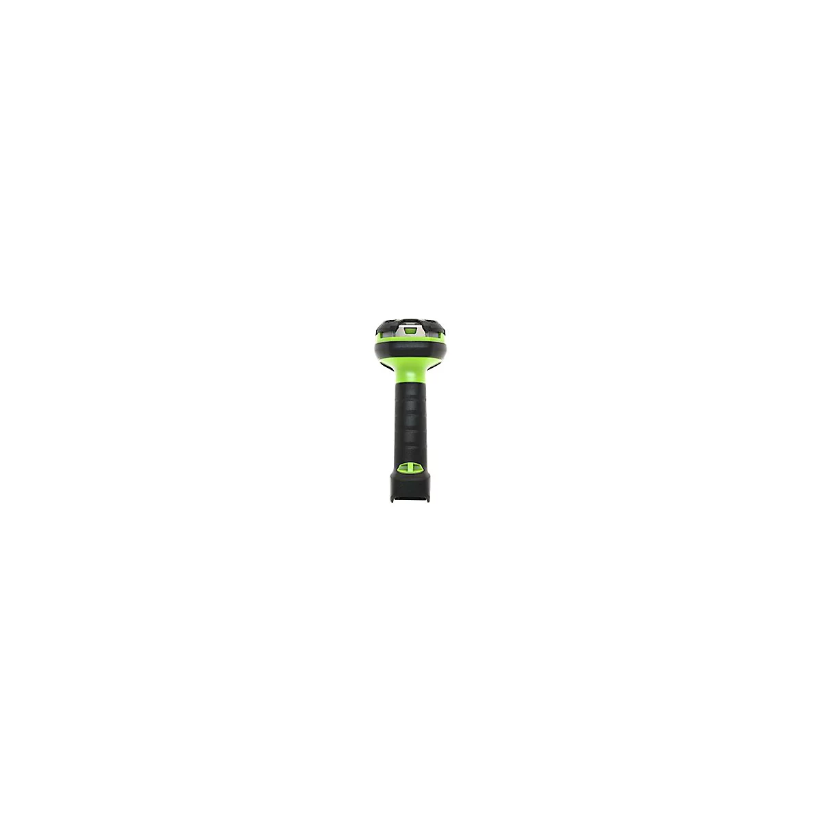 Lampe de poche noire et verte avec une poignée texturée. Dessus rond avec des détails argentés, bouton en bas.