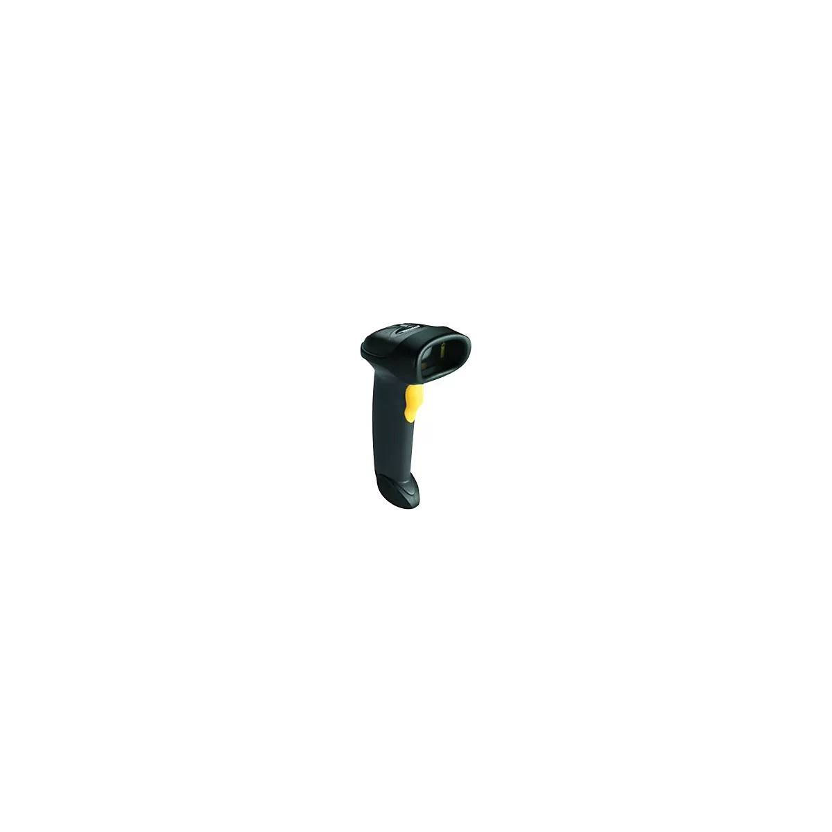 Scanner de codes-barres noir avec bouton jaune, sur fond blanc.