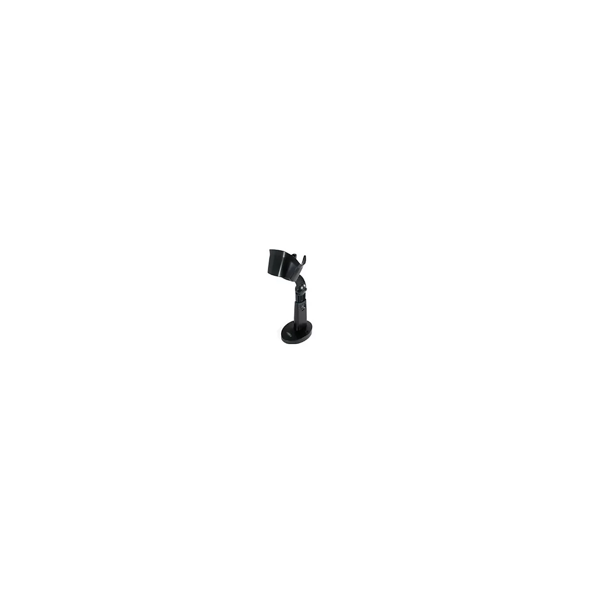 Schwarze Halterung für einen Barcodescanner, mit ovalem Fuß und verstellbarem Arm.