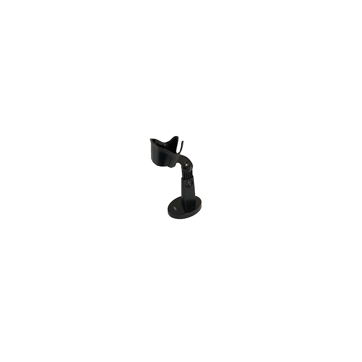 Schwarze Halterung für einen Barcode-Scanner. Geformt wie eine Halterung, befestigt auf einer ovalen Basis.