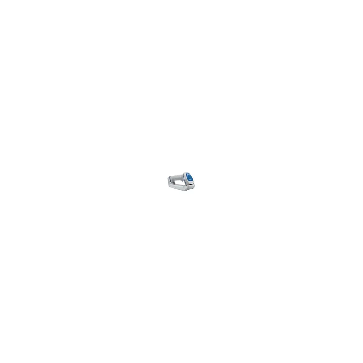 Scanner de codes-barres gris avec élément bleu, sur fond blanc.