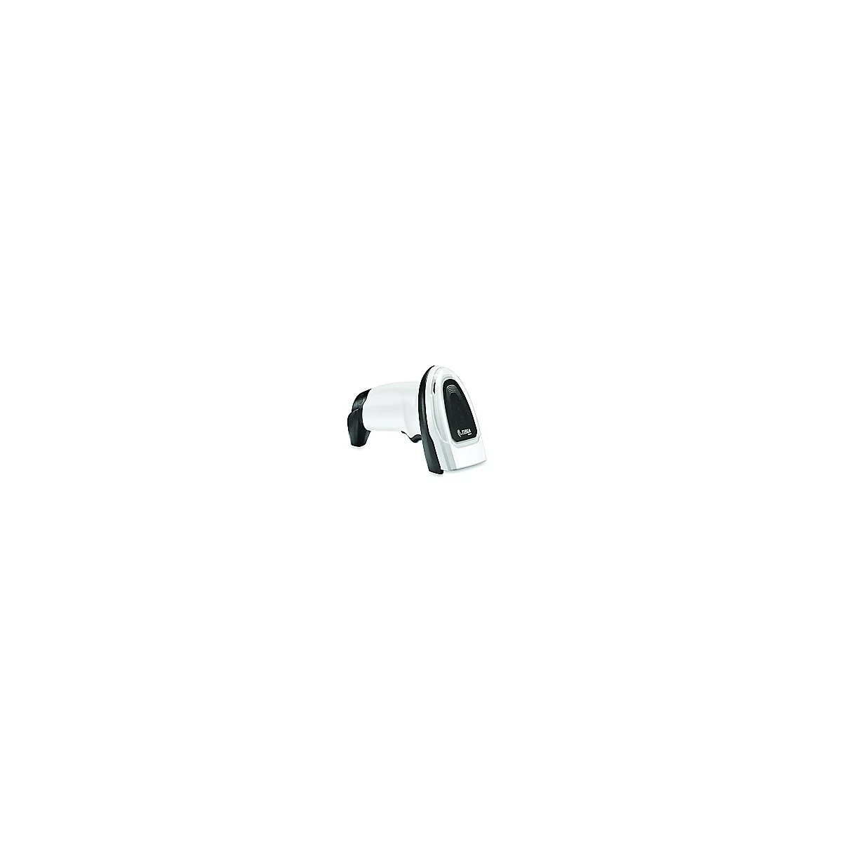 Scanner de codes-barres Zebra blanc et noir, sur fond blanc.