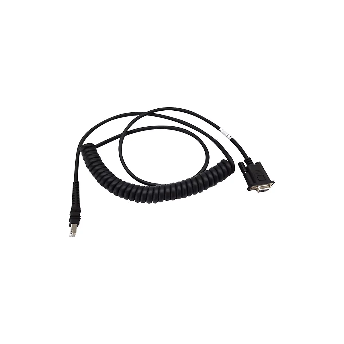 Câble spiralé noir avec deux connecteurs : un connecteur à 9 broches et un connecteur RJ45 rectangulaire. Sur fond blanc.